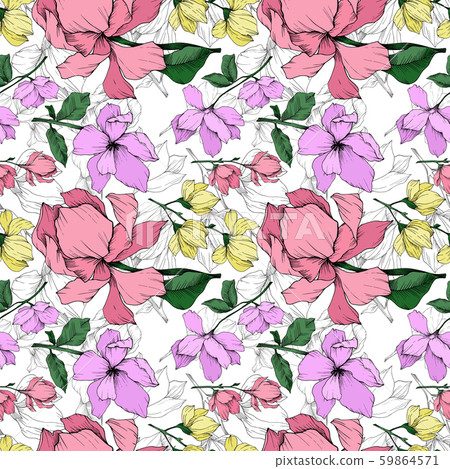 Vector Magnolia floral botanical flowers. Black and white engraved ink art. Seamless background 59864571