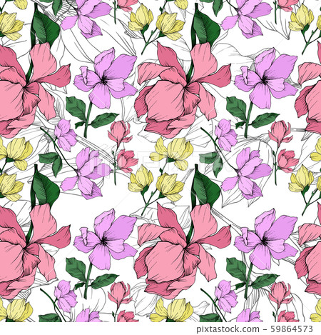 Vector Magnolia floral botanical flowers. Black and white engraved ink art. Seamless background 59864573