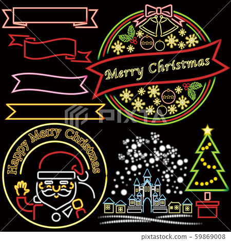 Neon tube type. Illustration set of Christmas stickers and ribbon frames on black background. Neon tube type. Illustration set of Christmas stickers and ribbon frames on black background. 59869008
