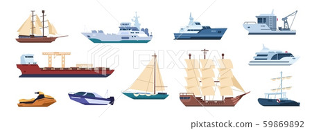Flat ships. Sailing yachts, marine sailboats and motor ships, ocean transportation types. Vector 59869892