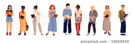 Students with books. College teenage cartoon characters holding stack and reading books. Vector 59869950