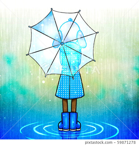 Dachshund's back view taking rain measures with raincoat, boots and vinyl umbrella on rainy days 59871278