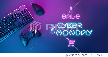 Keyboard, mouse and joystick with inscription. Cyber Monday concept. 59875460