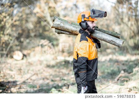 Professional lumberjack logging in the forest 59878835