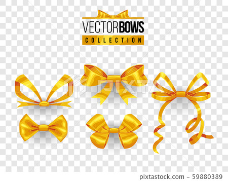 Set of isolated vector bow knots. Elegant golden ribbons collection. Silky decoration elements. 59880389
