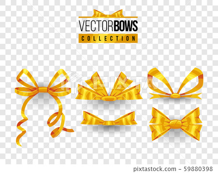 Set of isolated vector bow knots. Elegant golden ribbons collection. Silky decoration elements. 59880398