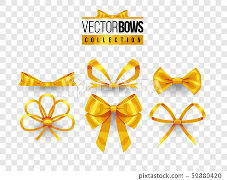 Set of isolated vector bow knots. Elegant golden ribbons collection. Silky decoration elements. 59880420