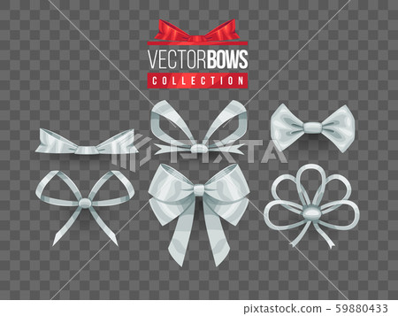 Set of isolated vector bow knots. Elegant silver ribbons collection. Silky decoration elements. 59880433