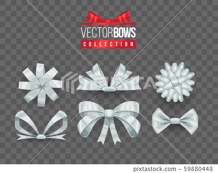 Set of isolated vector bow knots. Elegant silver ribbons collection. Silky decoration elements. 59880448