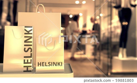 Bags with Helsinki text. Shopping in Finland related 3D rendering 59881803