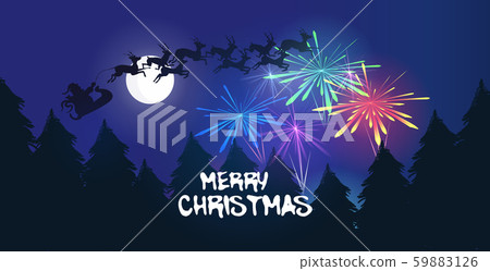 santa flying in sleigh with reindeers festive colorful fireworks salute in night sky over snowy pine santa flying in sleigh with reindeers festive colorful fireworks salute in night sky over snowy pine 59883126