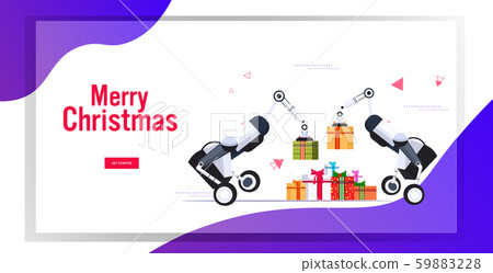 industrial carrier robots carrying gift present boxes merry christmas happy new year winter holidays 59883228