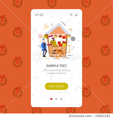 woman buying present box in gifts stall with female seller christmas market winter fair concept 59883262