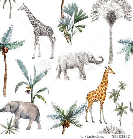 Watercolor vector seamless patterns with safari animals and palm trees. Elephant giraffe. Watercolor vector seamless patterns with safari animals and palm trees. Elephant giraffe. 59883307