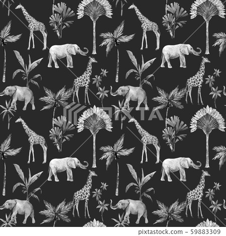 Watercolor vector seamless patterns with safari animals and palm trees. Elephant giraffe. Watercolor vector seamless patterns with safari animals and palm trees. Elephant giraffe. 59883309