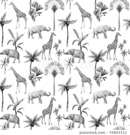 Watercolor vector seamless patterns with safari animals and palm trees. Elephant giraffe. Watercolor vector seamless patterns with safari animals and palm trees. Elephant giraffe. 59883312