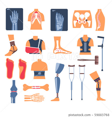 Injury recovery, bone fracture and crutches, X-ray and orthopedic tools Injury recovery, bone fracture and crutches, X-ray and orthopedic tools 59883768