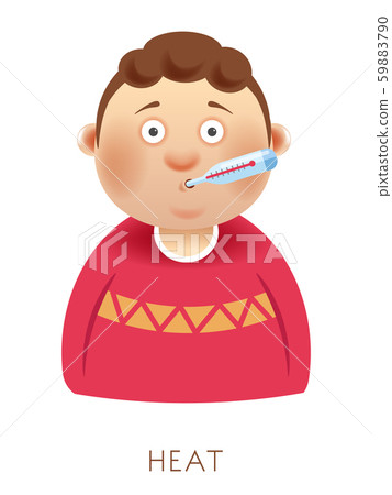 Fever or heat, boy with thermometer, cold symptom, isolated child Fever or heat, boy with thermometer, cold symptom, isolated child 59883790