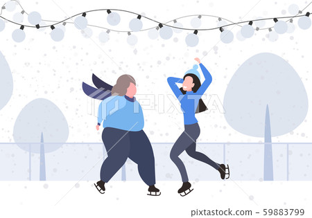 girls couple at ice-skating rink merry christmas new year holidays concept fat and thin women girls couple at ice-skating rink merry christmas new year holidays concept fat and thin women 59883799