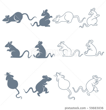 Rat or mouse isolated silhouettes and linear icons, sneaking and sitting 59883836