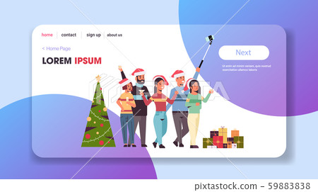 friends celebrating christmas party taking selfie photo on smartphone camera men women in santa 59883838