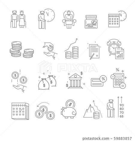 Pension and retirement isolated icons, elderly people money deposits 59883857