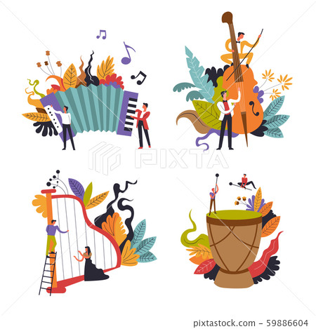 Classic and folk music show, musicians with musical instruments, isolated icon 59886604
