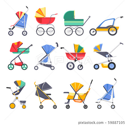 Stroller or baby carriage, child pram models isolated icons 59887105