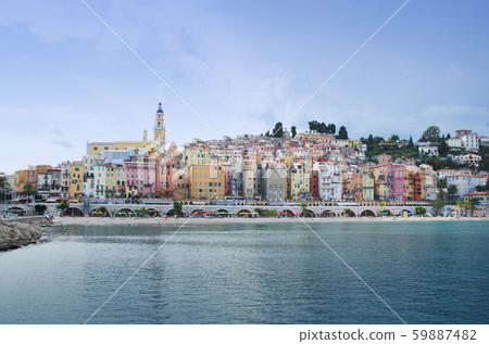 Colorful houses in old part of Menton, French 59887482