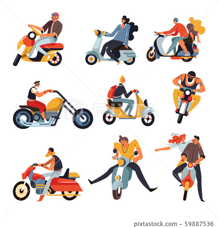 Bikers or motorbike racers on motorcycles and mopeds or sportbikes, isolated characters Bikers or motorbike racers on motorcycles and mopeds or sportbikes, isolated characters 59887536