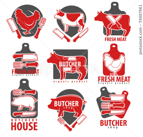 Meat products, butcher shop or house isolated icons Meat products, butcher shop or house isolated icons 59887661