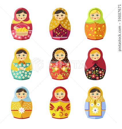 Matryoshka toy, Russian symbol or souvenir isolated icons 59887671