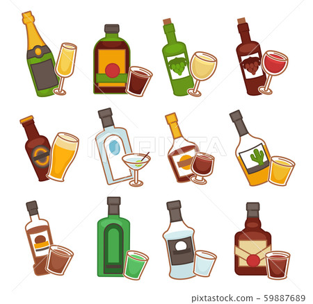 Bar alcohol drinks, bottles and glasses isolated icons Bar alcohol drinks, bottles and glasses isolated icons 59887689