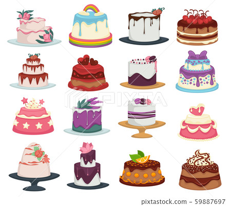 Wedding and birthday cakes isolated dishes, dessert with flowers and fruits 59887697