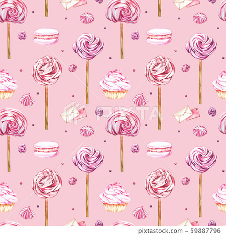 Watercolor image of a seamless pattern of sweets, candies in the shape of hearts, chocolates, cakes Watercolor image of a seamless pattern of sweets, candies in the shape of hearts, chocolates, cakes 59887796