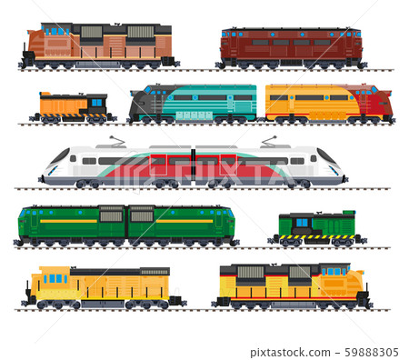 Electric and diesel locomotives, high speed train, cargo wagons isolated icons 59888305
