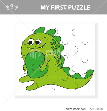 Cute puzzle game. Vector illustration of puzzle game with happy cartoon dino 59888480