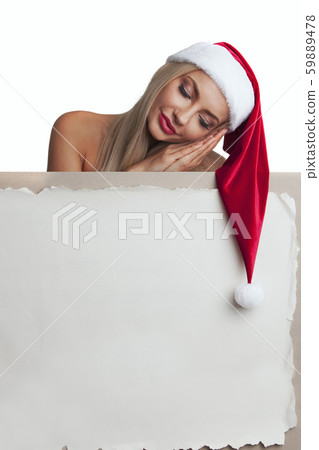 Santa girl holding blank billboard Santa girl holding blank billboard 59889478