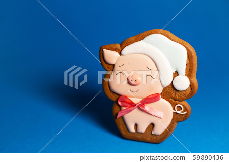 gingerbread cookie of cute pink pig on blue 59890436