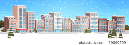 winter city buildings snowy town street cityscape snowfall background horizontal 59890709