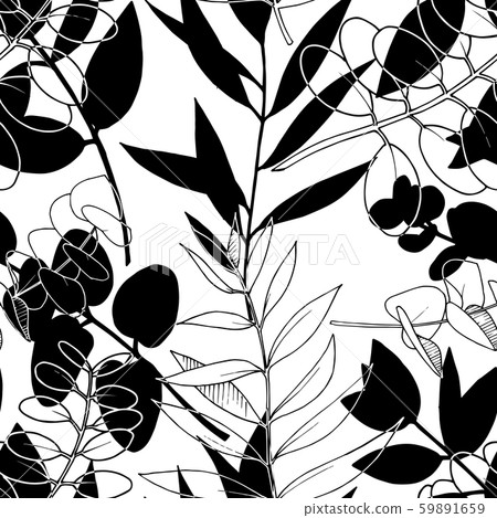 Vector Eucalyptus leaves branch. Black and white engraved ink art. Seamless background pattern. 59891659