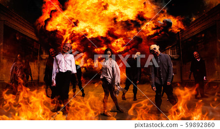 Zombies walking on night street, nightmare 59892860