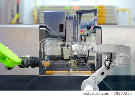 Industrial robotics teamwork on working with CNC lathe machine concept Industrial robotics teamwork on working with CNC lathe machine concept 59893253