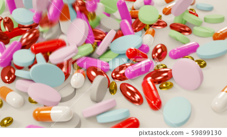 Various Colored Pills Falling Down Onto White Surface - 3D Illustration Various Colored Pills Falling Down Onto White Surface - 3D Illustration 59899130