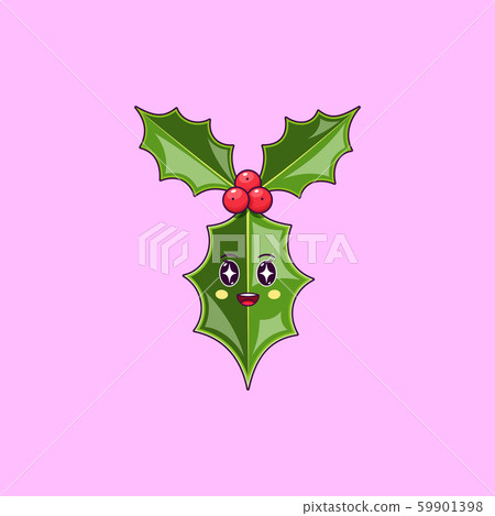 Cartoon kawaii Holly branch with Admiring face. 59901398
