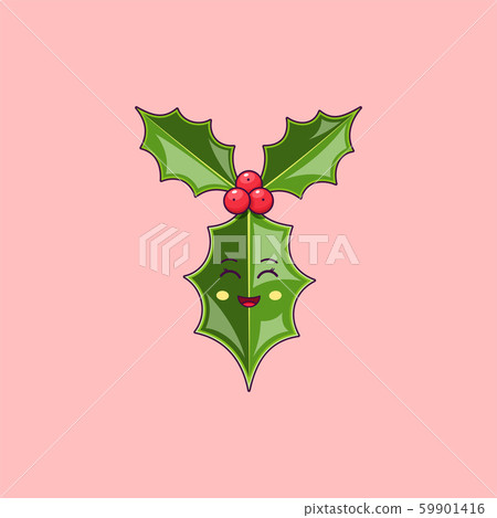 Cartoon kawaii Holly branch with Smile and Smiling Cartoon kawaii Holly branch with Smile and Smiling 59901416
