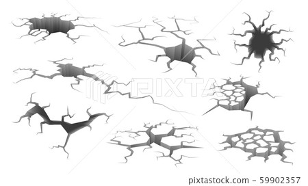 Earthquake crack. Ruined wall, hole in ground with cracking and earth destruction cracks isolated 59902357