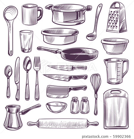 Kitchen utensils. Sketch cooking tools. Pan, knife and fork, spoon and grater, cup and glass 59902366