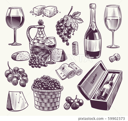 Sketch wine. Winemaking, classical alcoholic drink. Wood wine barrel, bottle and wineglasses, grape 59902373