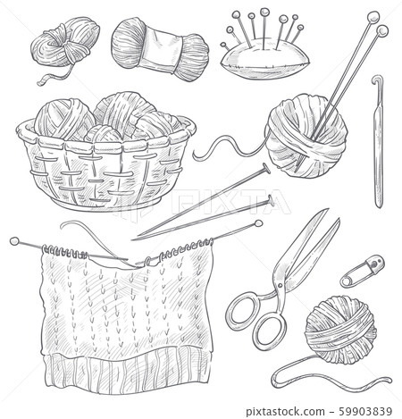 Knitting tools and threads isolated sketches, sewing and cross stitching Knitting tools and threads isolated sketches, sewing and cross stitching 59903839
